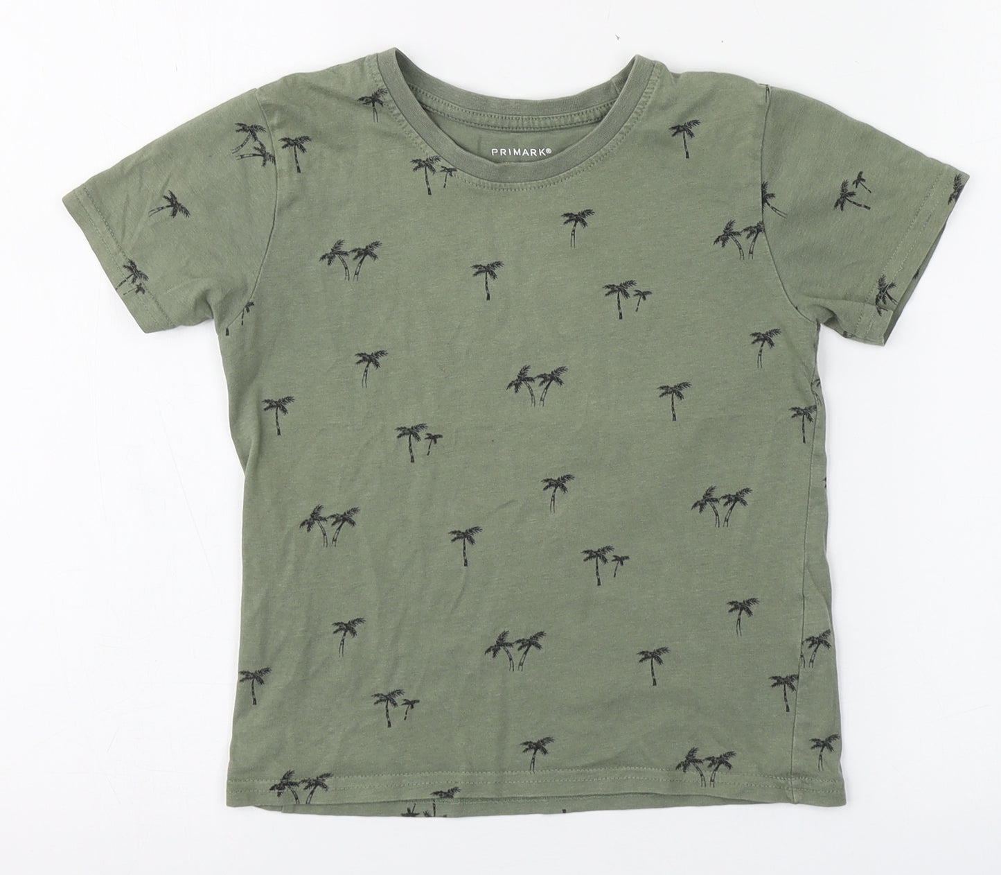 Primark Boys Green Geometric Cotton Basic T-Shirt Size 4-5 Years Round Neck Pullover - Palm tree