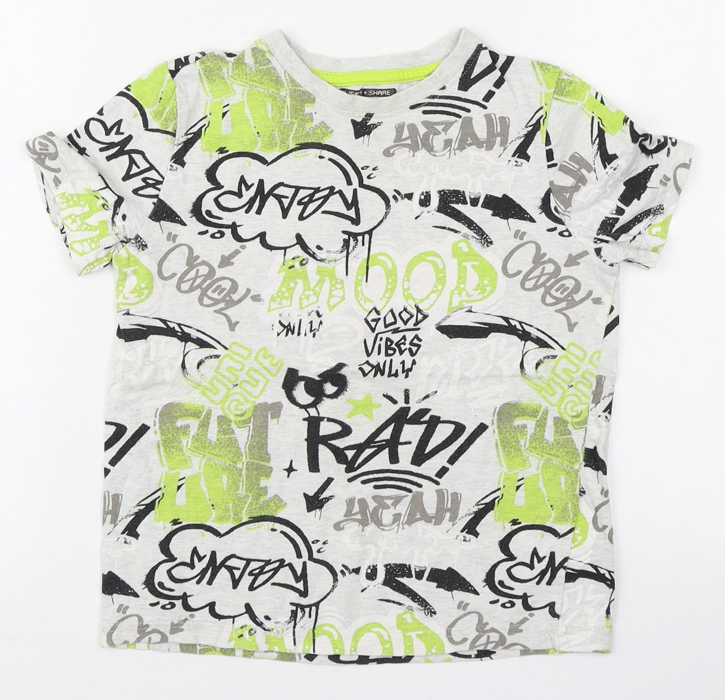 F&F Boys Green Geometric 100% Cotton Basic T-Shirt Size 5-6 Years Round Neck Pullover - Graphiti