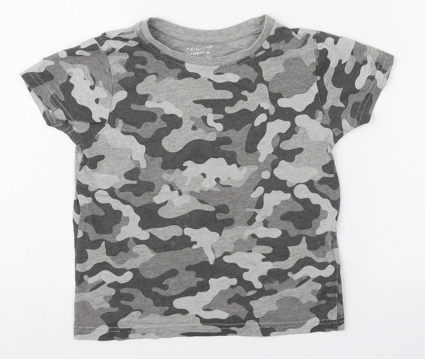 Primark Boys Grey Camouflage Cotton Basic T-Shirt Size 4-5 Years Round Neck Pullover