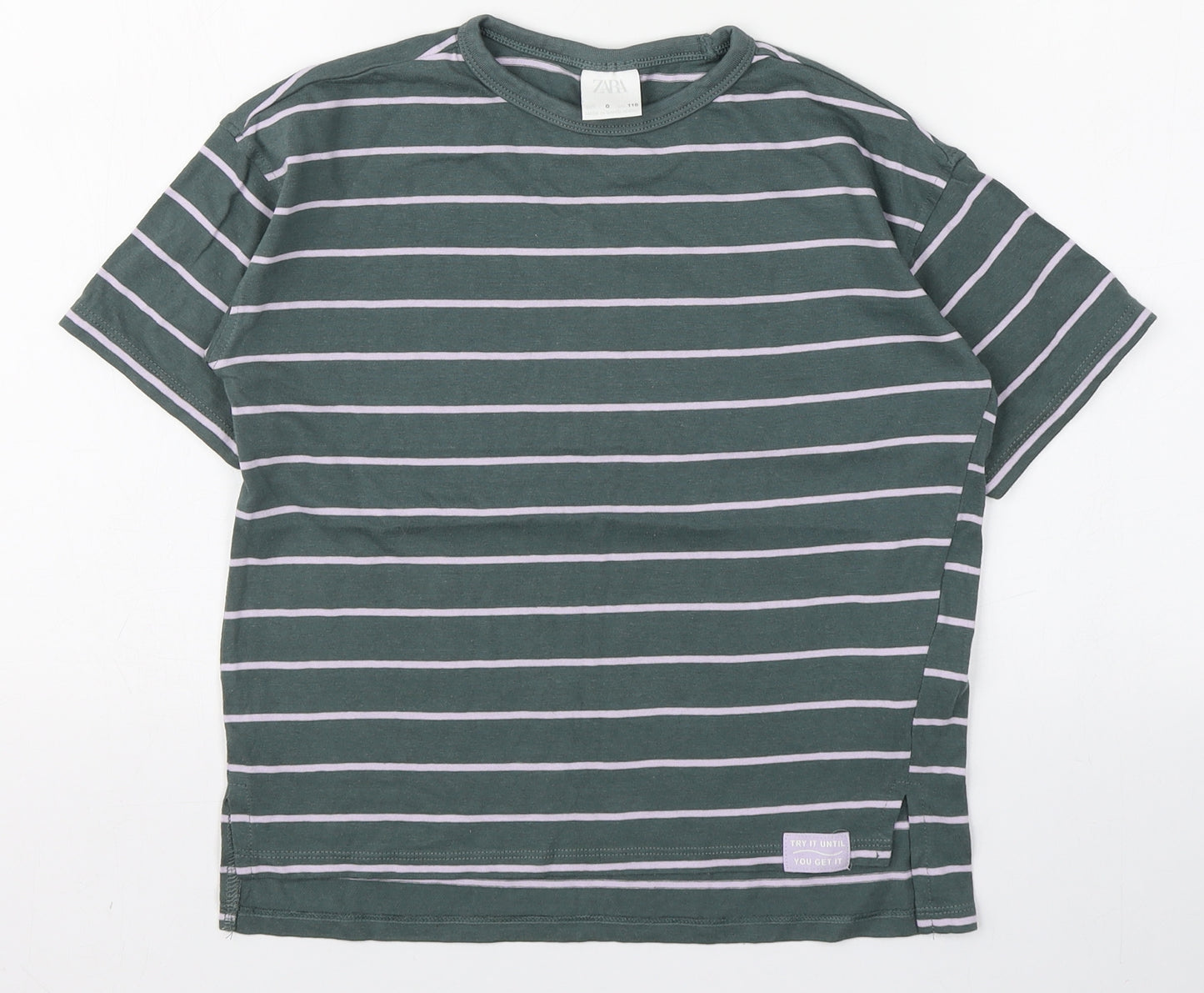Zara Womens Green Striped 100% Cotton Basic T-Shirt Size 6 Round Neck
