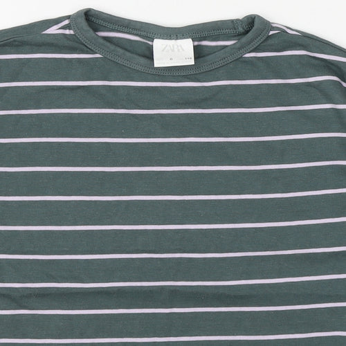 Zara Womens Green Striped 100% Cotton Basic T-Shirt Size 6 Round Neck