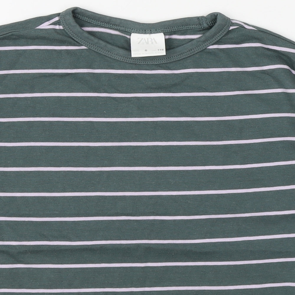 Zara Womens Green Striped 100% Cotton Basic T-Shirt Size 6 Round Neck