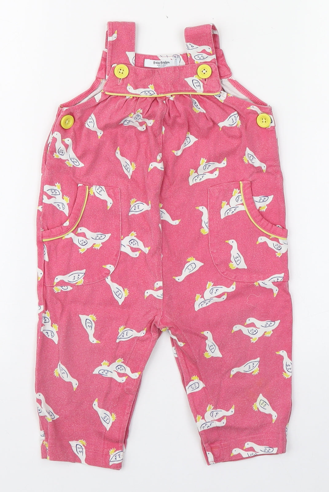 Baby Boden Girls Pink Geometric 100% Cotton Dungaree One-Piece Size 9-12 Months  Button