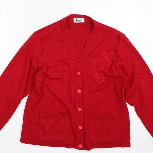 Care Womens Red V-Neck Floral Acrylic Cardigan Jumper Size M