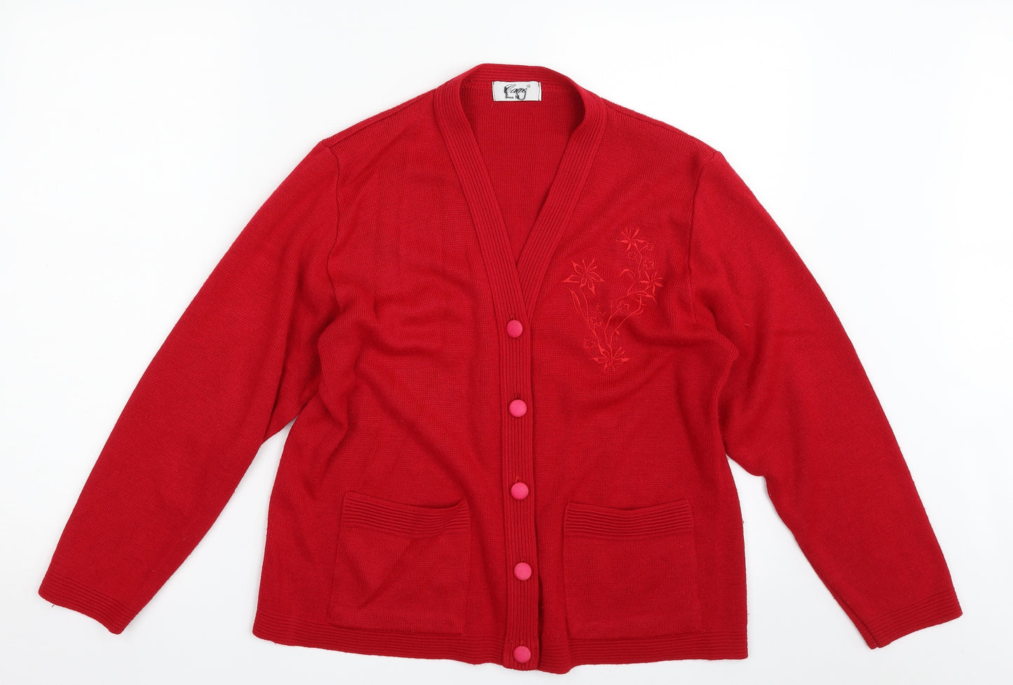 Care Womens Red V-Neck Floral Acrylic Cardigan Jumper Size M