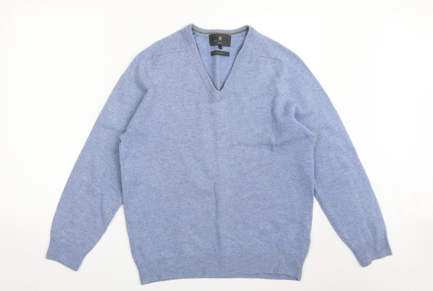 Marks and Spencer Mens Blue V-Neck  Wool Pullover Jumper Size M   - Extra Fine Lambswool
