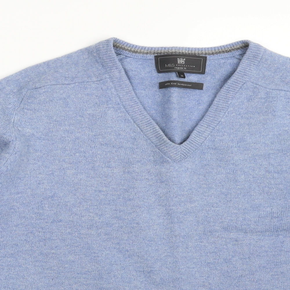 Marks and Spencer Mens Blue V-Neck  Wool Pullover Jumper Size M   - Extra Fine Lambswool