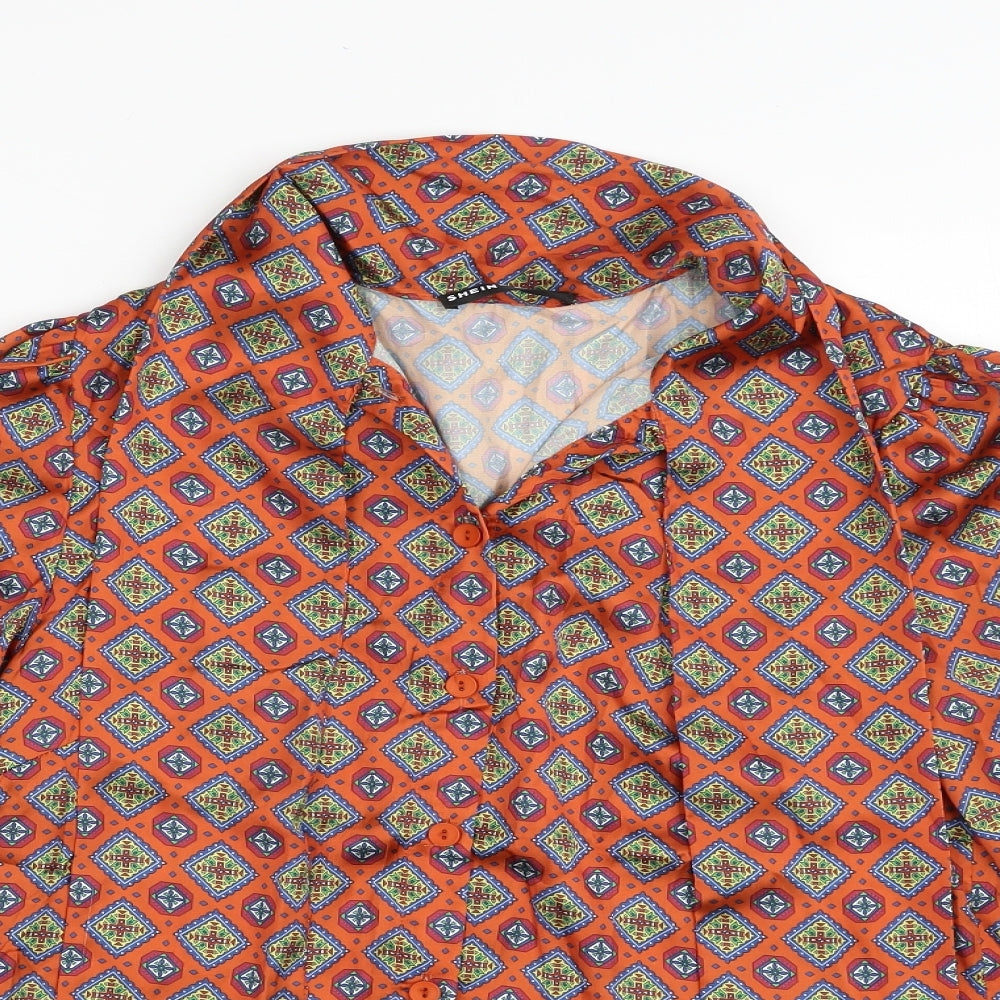 SheIn Womens Brown Geometric Polyester Basic Button-Up Size L Collared - Tie