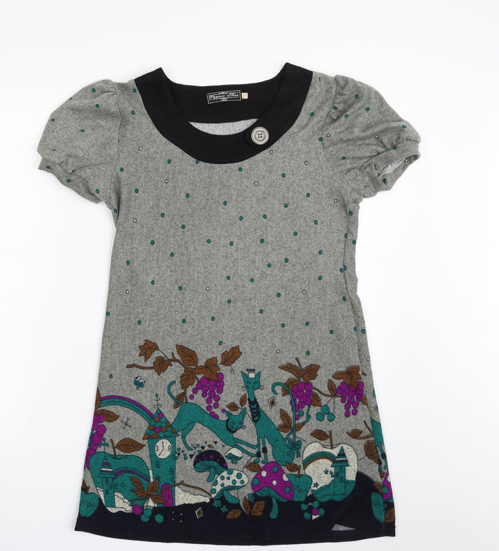 Pepper Tree Womens Grey Floral Cotton T-Shirt Dress  Size M  Scoop Neck Pullover - Cat
