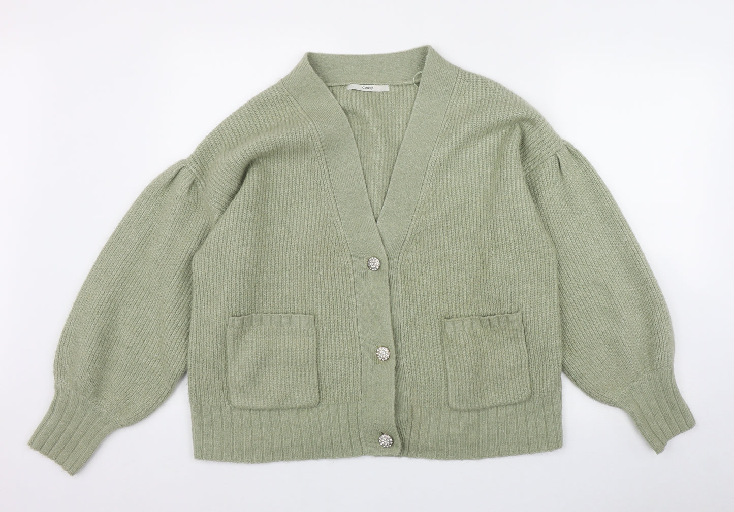 George Womens Green V-Neck  Acrylic Cardigan Jumper Size M