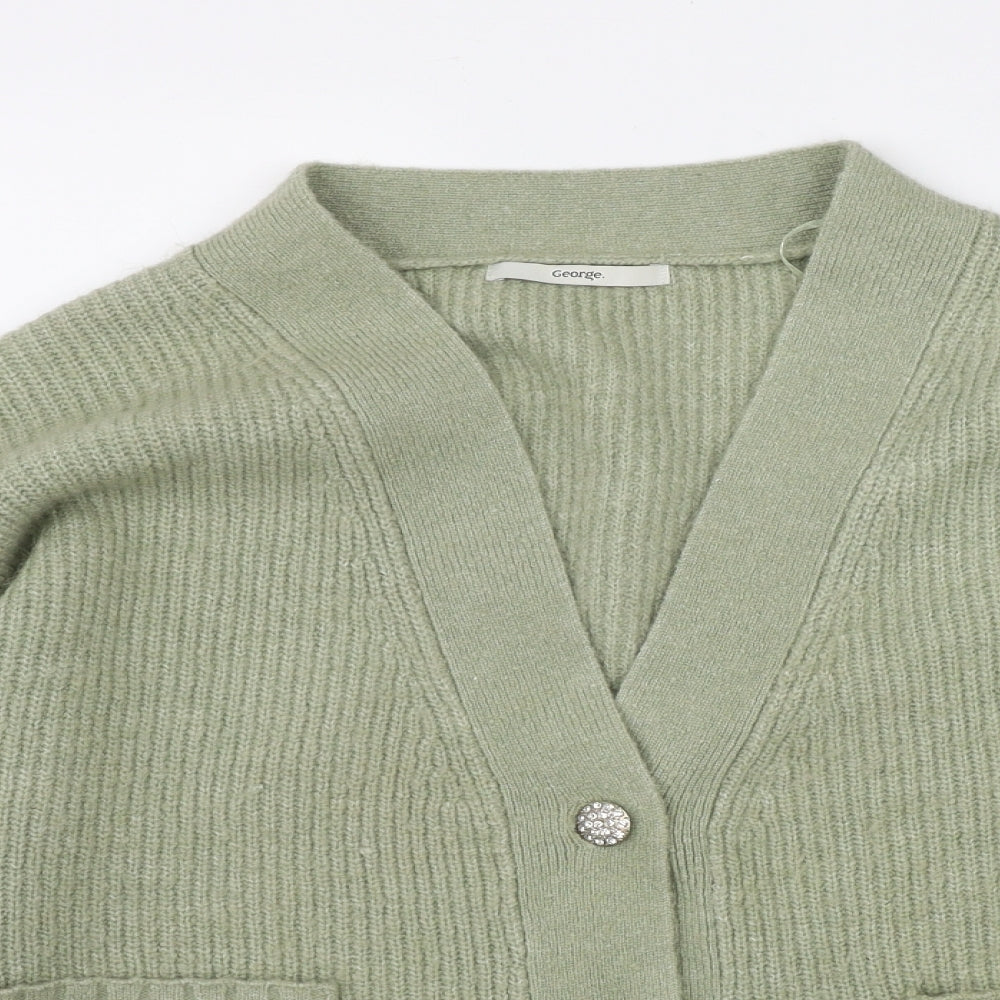 George Womens Green V-Neck  Acrylic Cardigan Jumper Size M