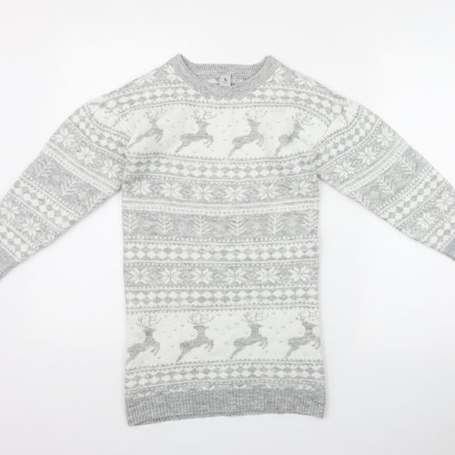 TU Girls Grey Fair Isle Acrylic Jumper Dress  Size 8 Years  Round Neck