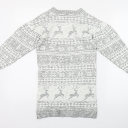 TU Girls Grey Fair Isle Acrylic Jumper Dress  Size 8 Years  Round Neck