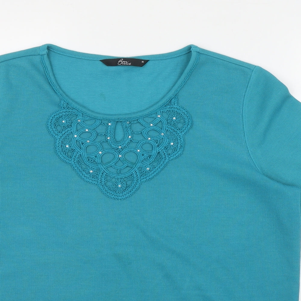 BM Womens Blue  Polyester Basic T-Shirt Size M Round Neck