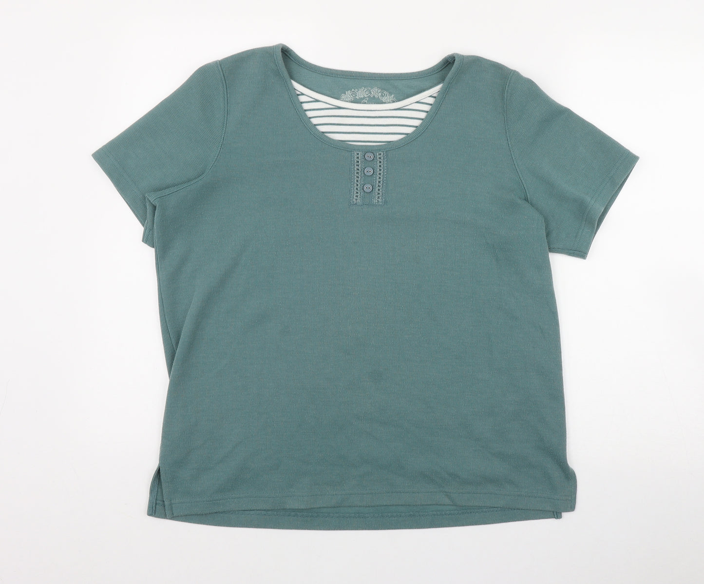 BM Womens Green Striped Polyester Basic T-Shirt Size M Round Neck