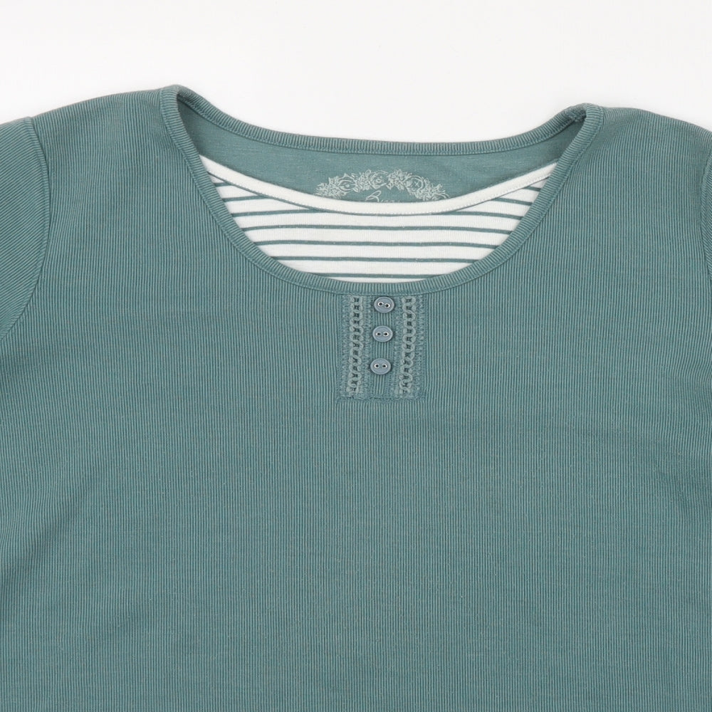 BM Womens Green Striped Polyester Basic T-Shirt Size M Round Neck