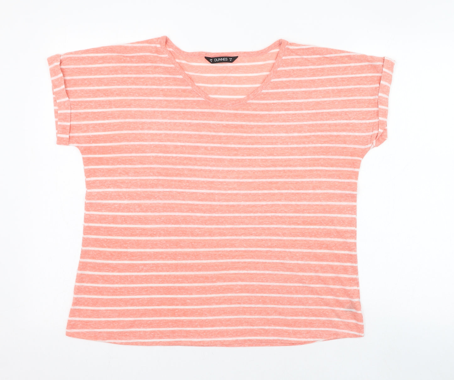 Dunnes Stores Womens Pink Striped Linen Basic T-Shirt Size 12 Round Neck
