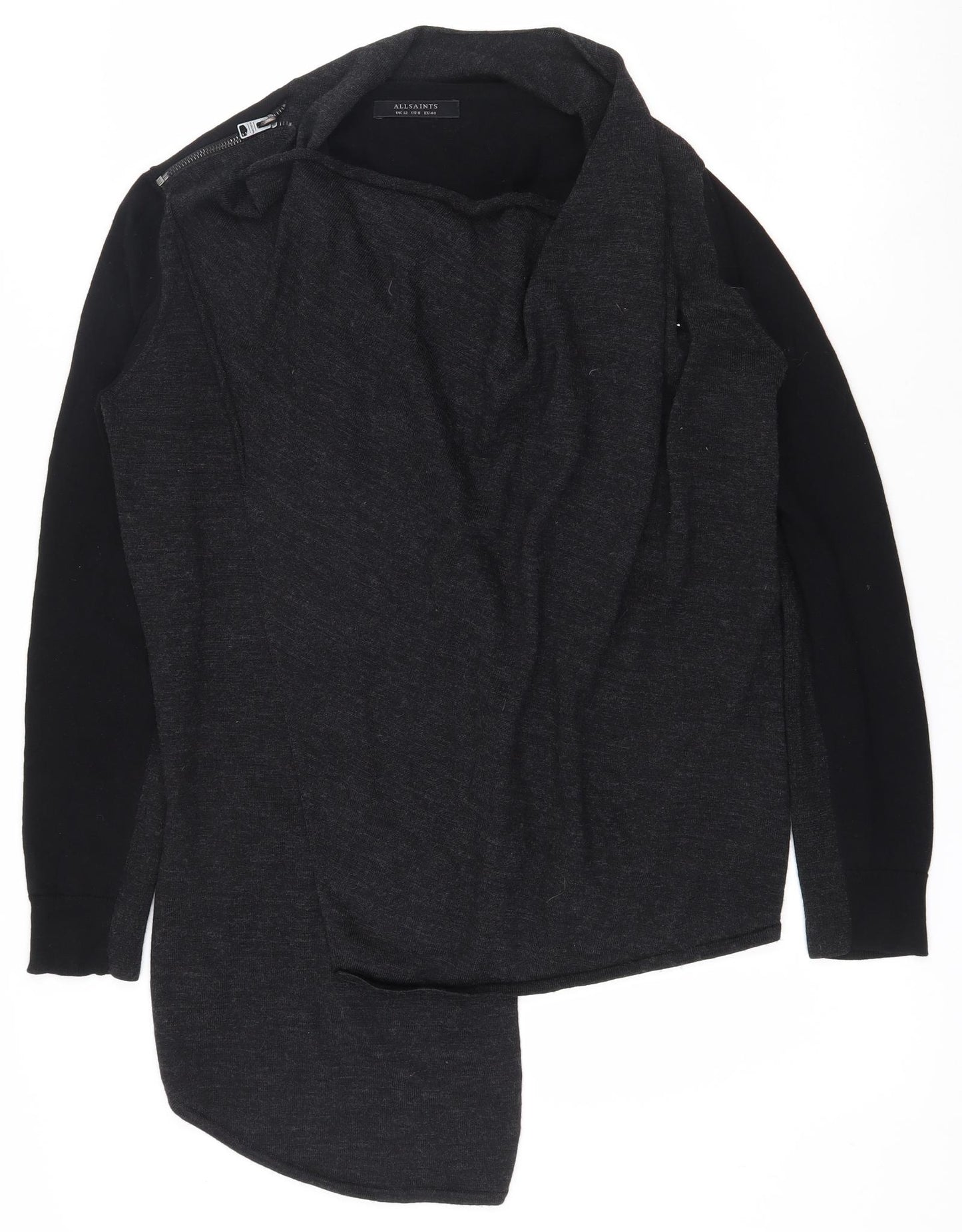 AllSaints Womens Black Cowl Neck  Wool Cardigan Jumper Size 12   - Aysemmetric