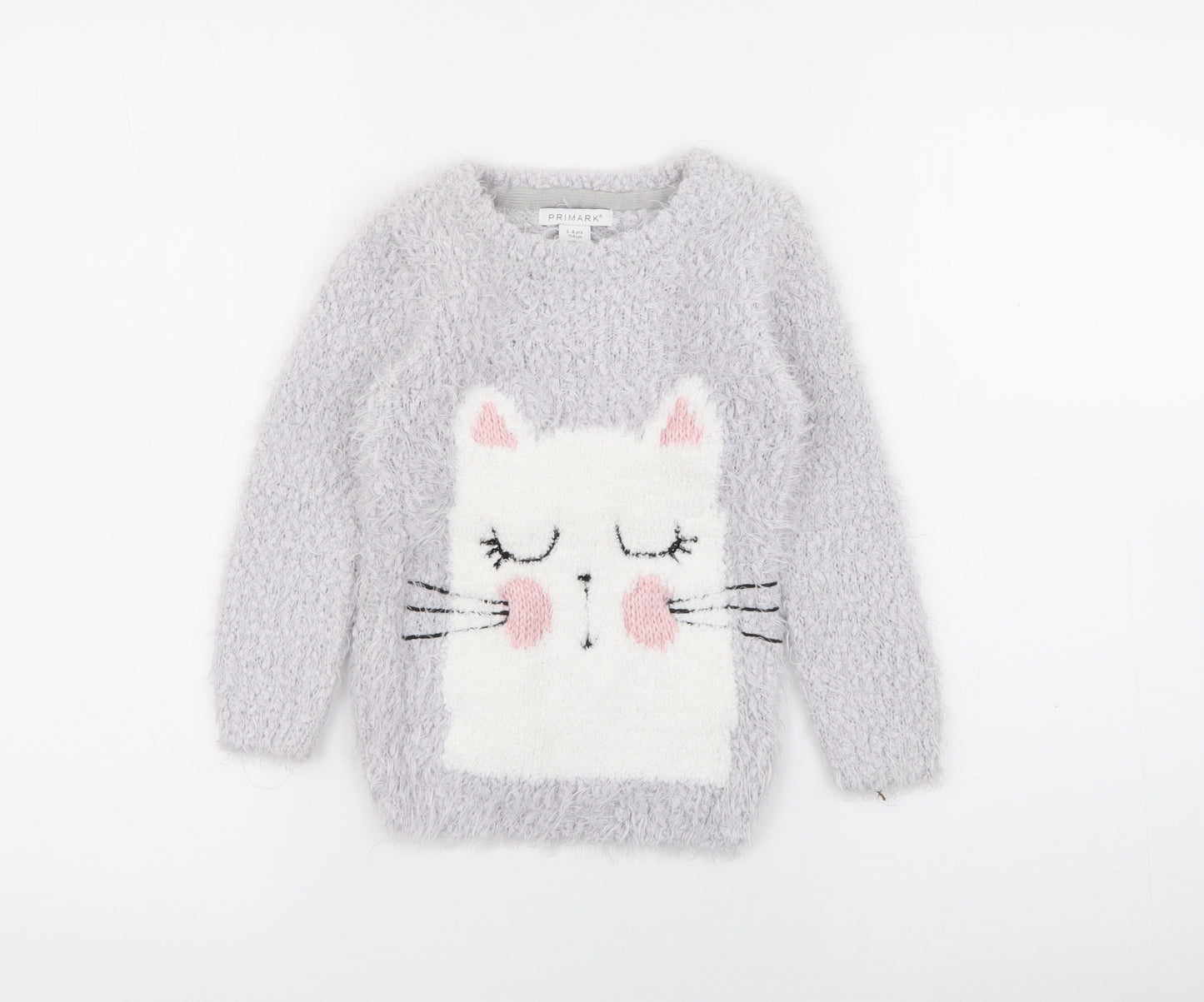 Primark Girls Grey Crew Neck  Polyester Pullover Jumper Size 3-4 Years   - Cat