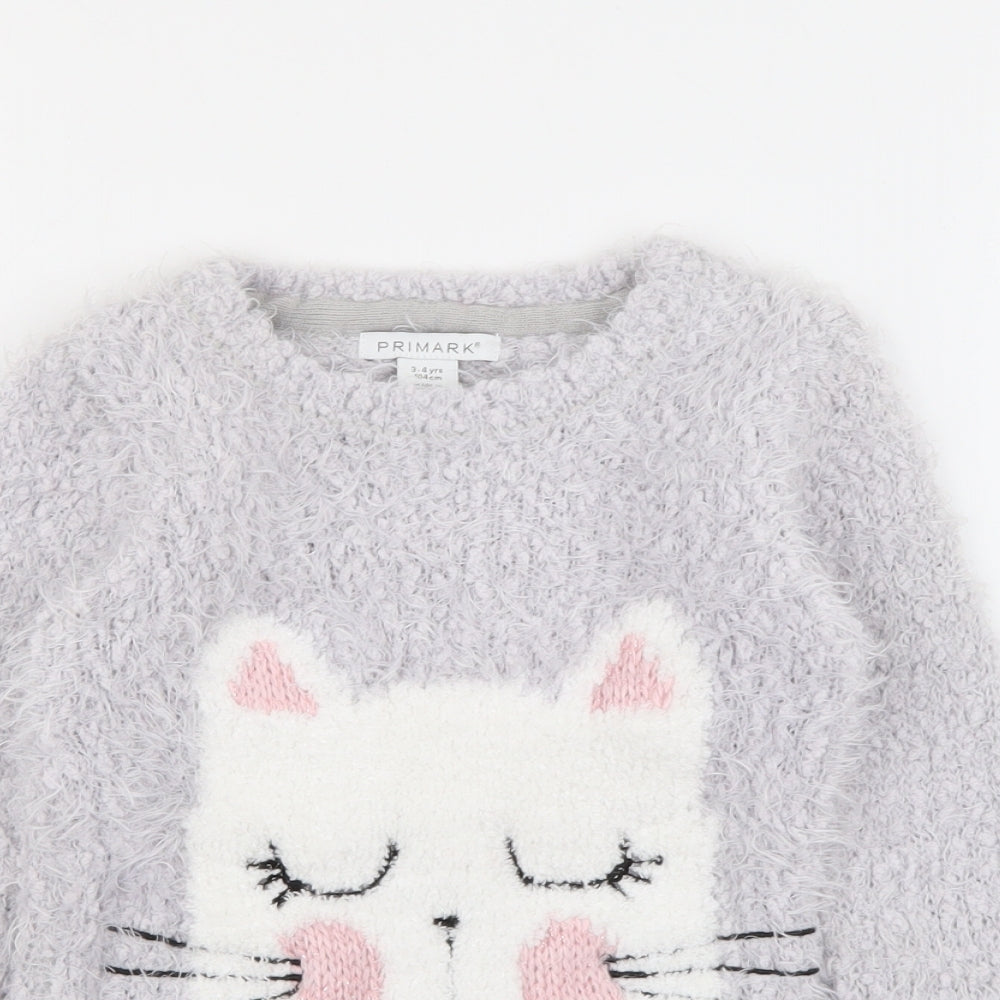 Primark Girls Grey Crew Neck  Polyester Pullover Jumper Size 3-4 Years   - Cat