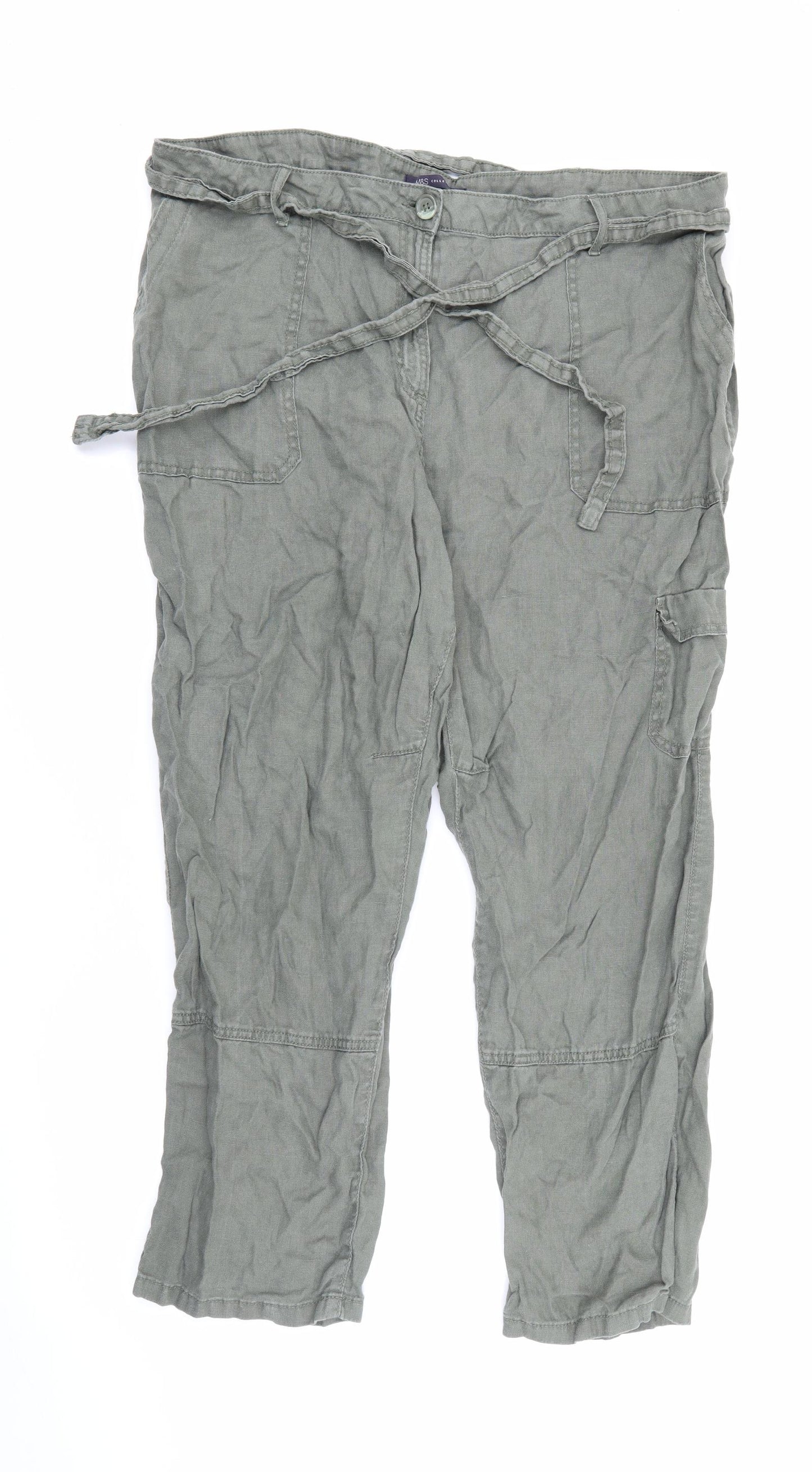 Marks and Spencer Womens Green  Linen Cargo Trousers Size 20 L26 in Regular Button