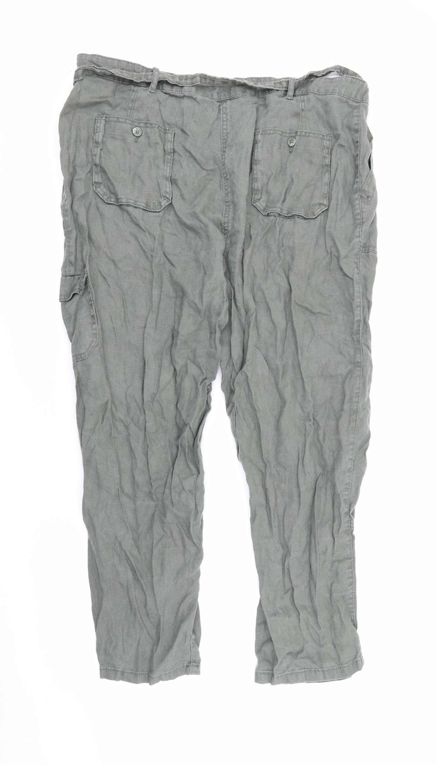 Marks and Spencer Womens Green  Linen Cargo Trousers Size 20 L26 in Regular Button
