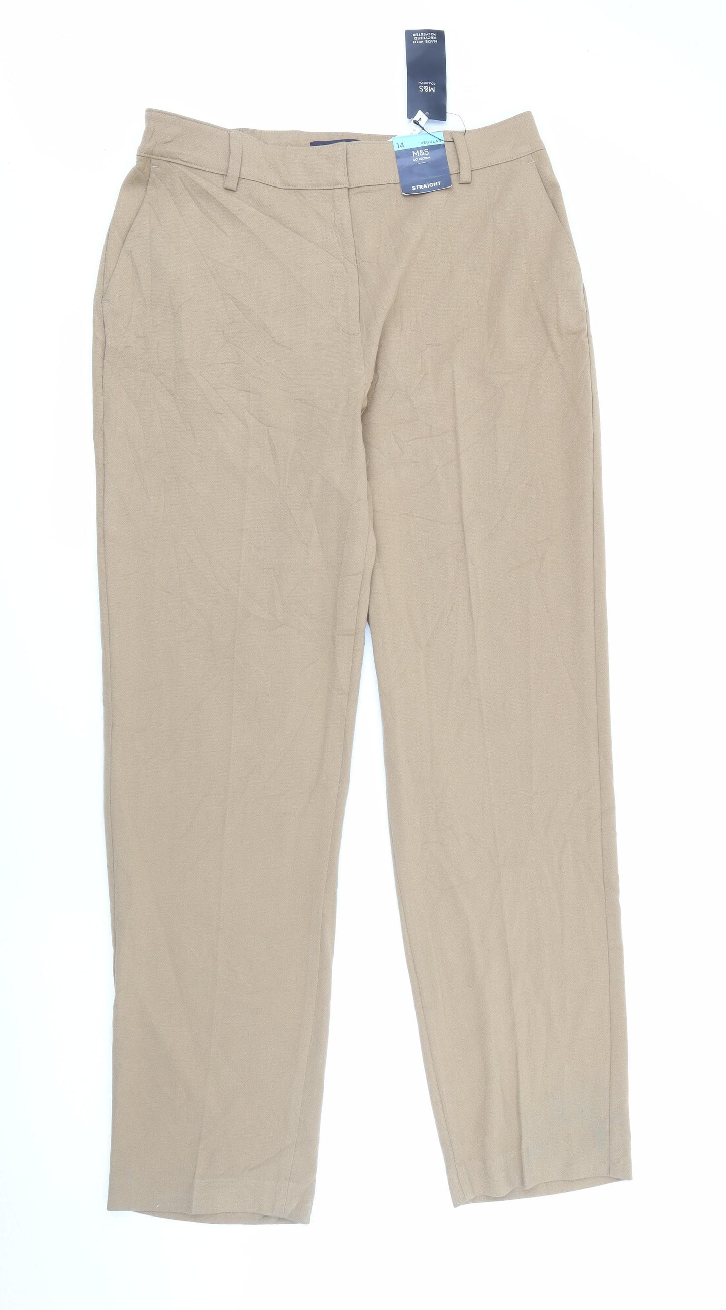 Marks and Spencer Womens Brown  Polyester Trousers  Size 14 L31 in Regular Zip