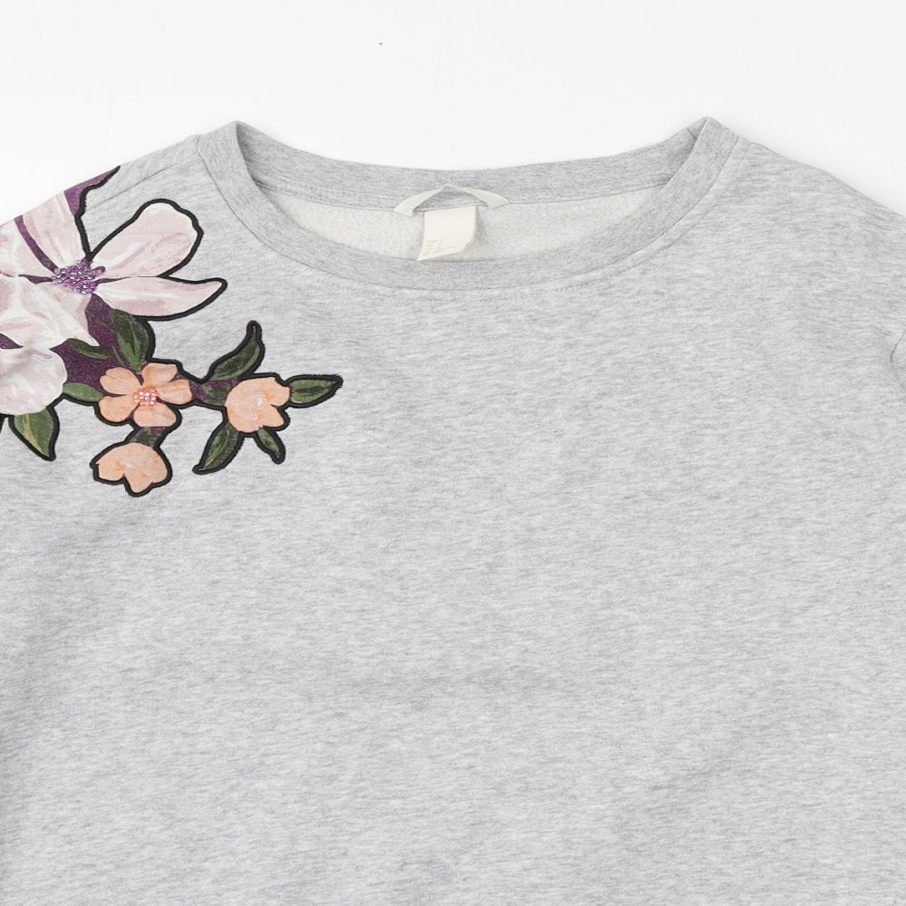 H&M Womens Grey Round Neck  Cotton Pullover Jumper Size S   - Flower