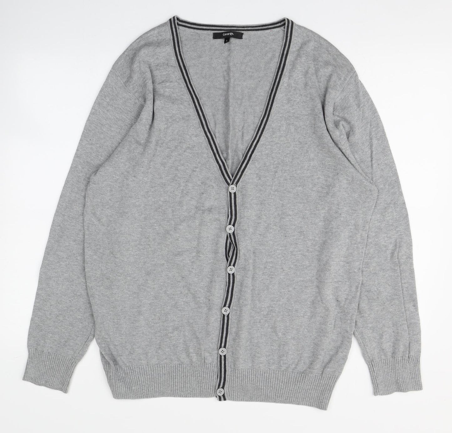 George Mens Grey V-Neck  Cotton Cardigan Jumper Size L