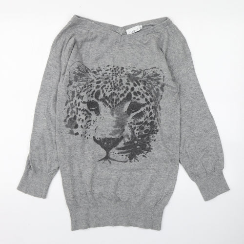 New Look Womens Grey V-Neck  Polyester Pullover Jumper Size 10   - Leopard