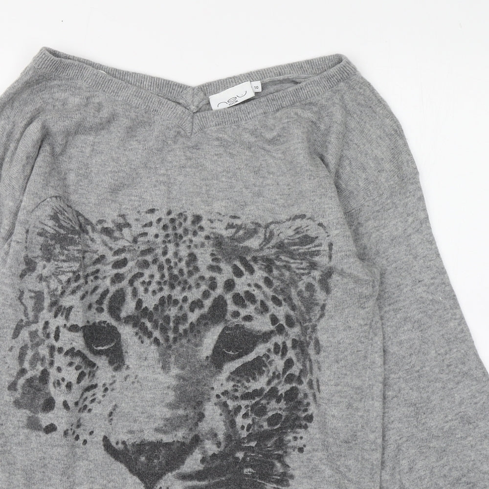 New Look Womens Grey V-Neck  Polyester Pullover Jumper Size 10   - Leopard