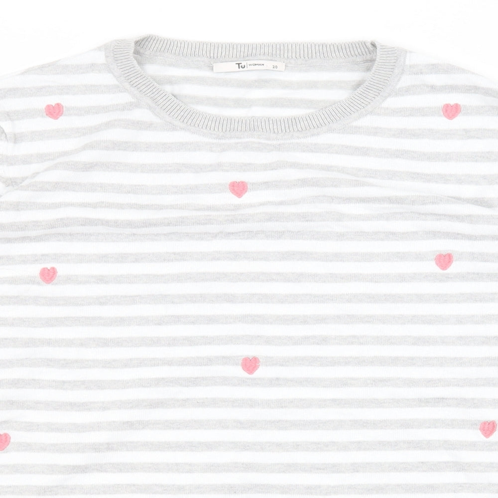 TU Womens Grey Round Neck Striped Cotton Pullover Jumper Size 20   - Hearts