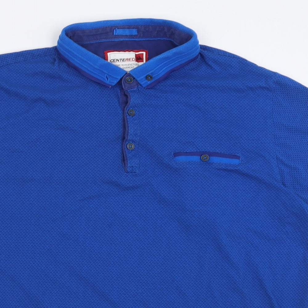 Centered Mens Blue Geometric Cotton  Polo Size XL Collared Button