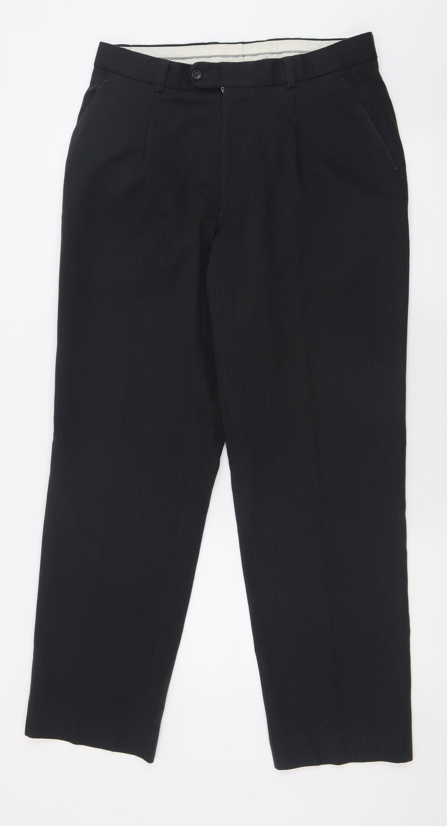 Burton Mens Black Striped Wool Trousers  Size 34 L31 in Regular Button