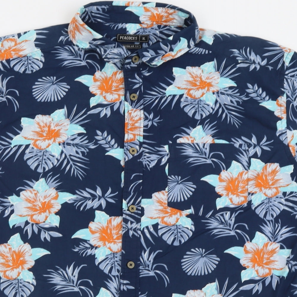 Peacocks Mens Blue Floral Cotton  Button-Up Size XL Collared Button