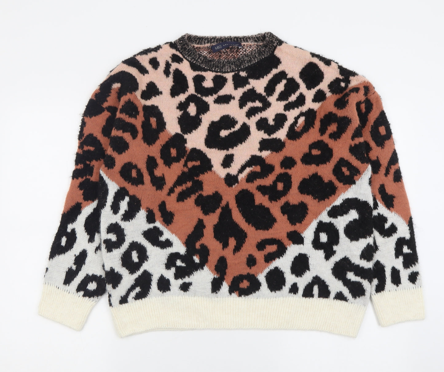 Marks and Spencer Womens Pink Crew Neck Animal Print Acrylic Pullover Jumper Size M