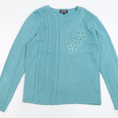 Casamia Womens Blue Crew Neck Floral Acrylic Pullover Jumper Size S