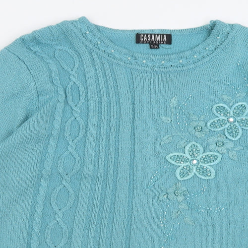 Casamia Womens Blue Crew Neck Floral Acrylic Pullover Jumper Size S