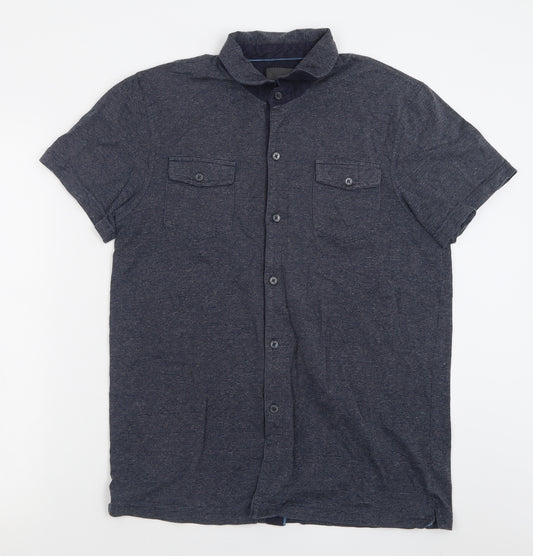 Front view of IKE BEHAR men’s blue cotton button-up, size M, collared button