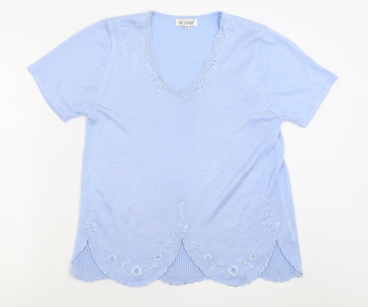 Fay Louise Womens Blue V-Neck Floral Acrylic Pullover Jumper Size S