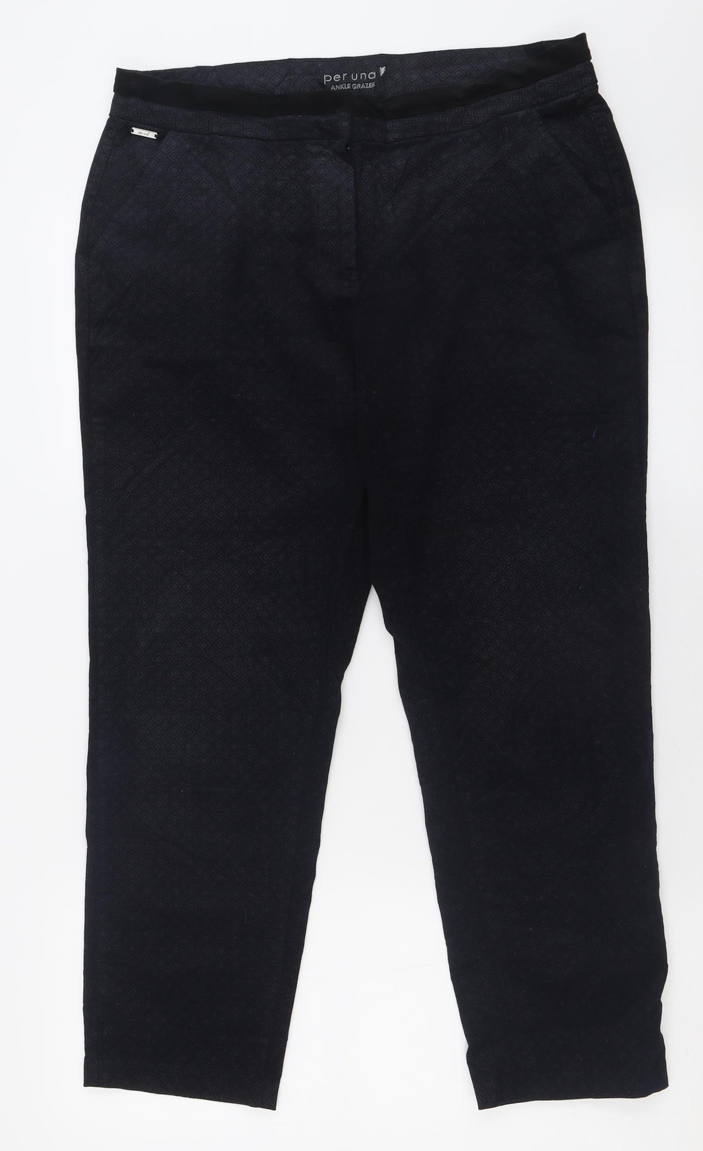 Per Una Womens Blue Geometric Cotton Trousers  Size 14 L26 in Regular Hook & Eye - Ankle Grazer
