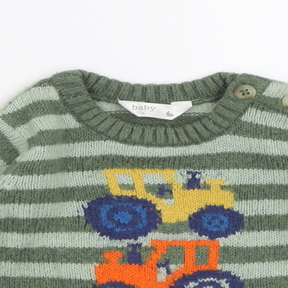 M&Co Boys Green Striped Acrylic Pullover Jumper Size 3-6 Months  Button - Tractor