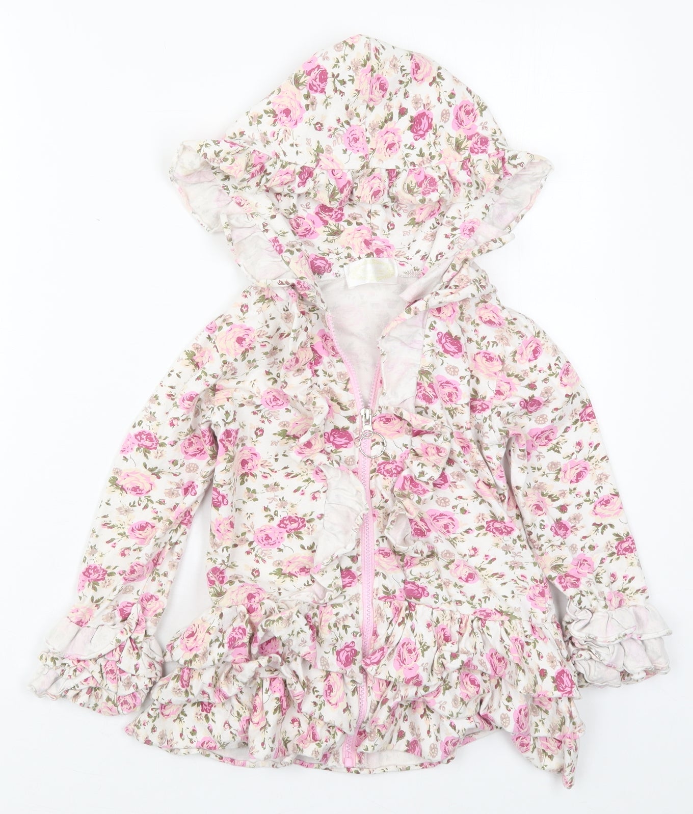 Ocean Isabelle Girls Pink Floral Cotton Full Zip Hoodie Size 7 Years  Zip
