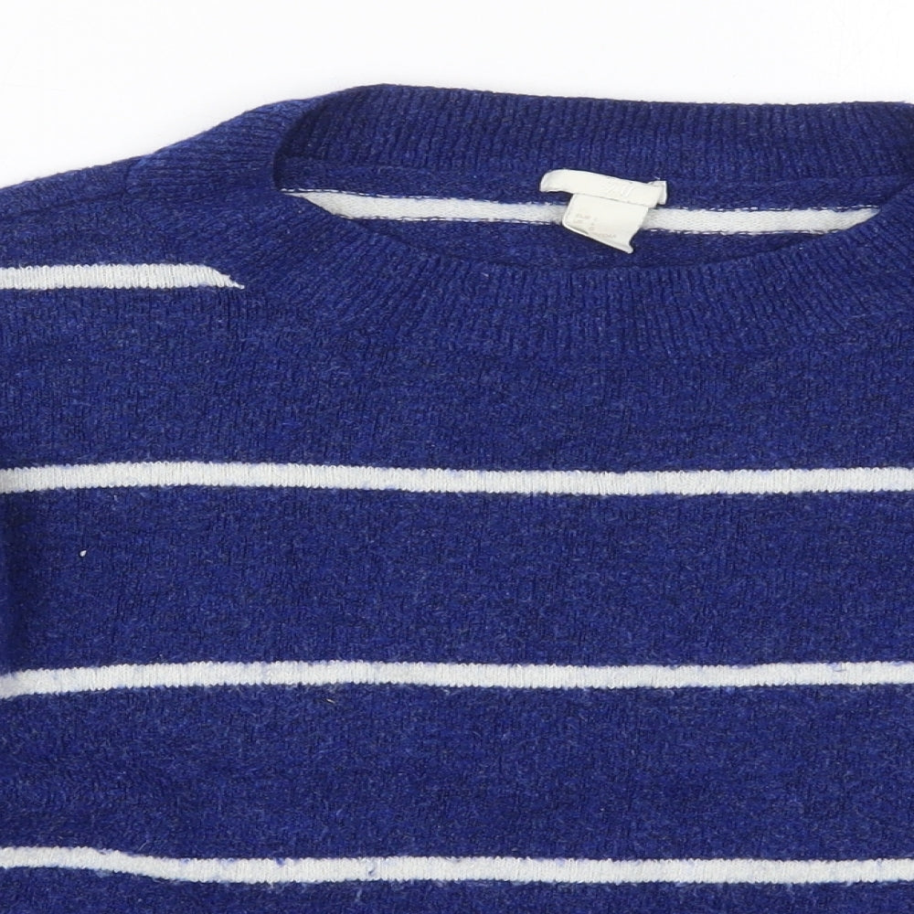 H&M Womens Blue Crew Neck Striped Acrylic Pullover Jumper Size L
