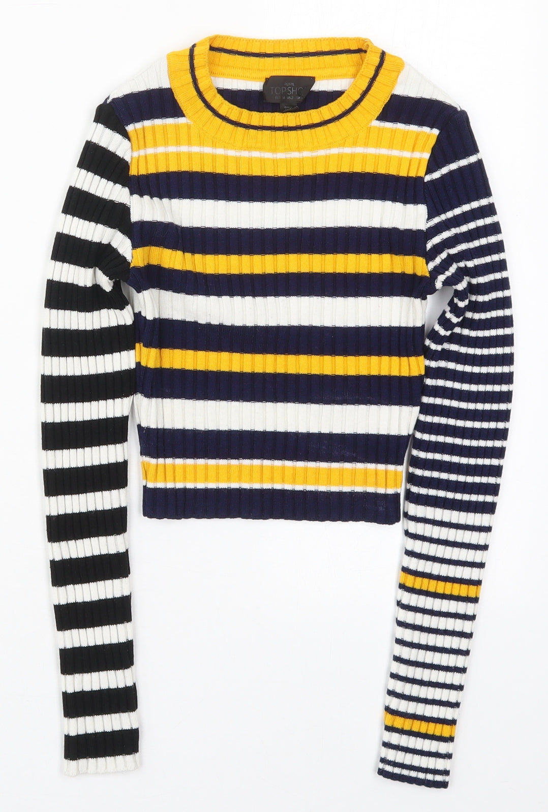 Topshop Womens Blue Crew Neck Striped Acrylic Pullover Jumper Size 6   - Yellow
