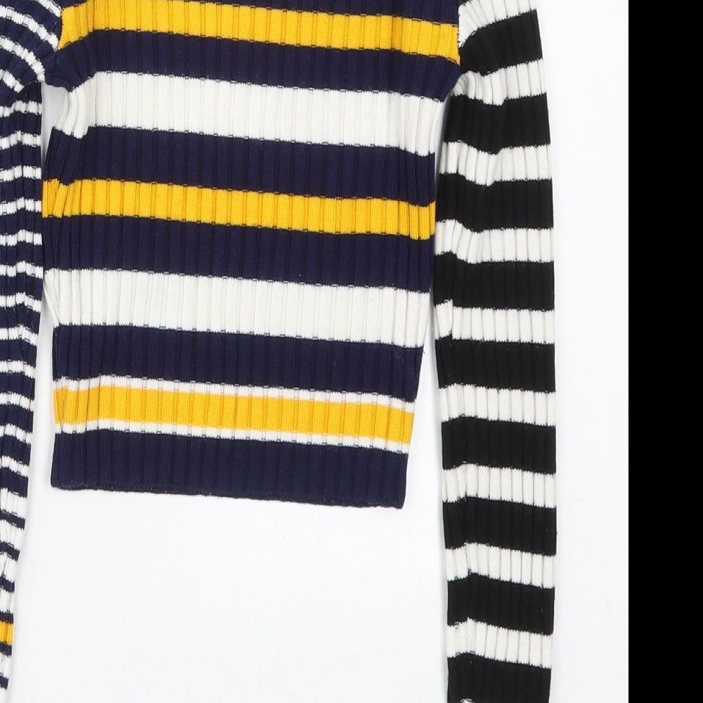 Topshop Womens Blue Crew Neck Striped Acrylic Pullover Jumper Size 6   - Yellow