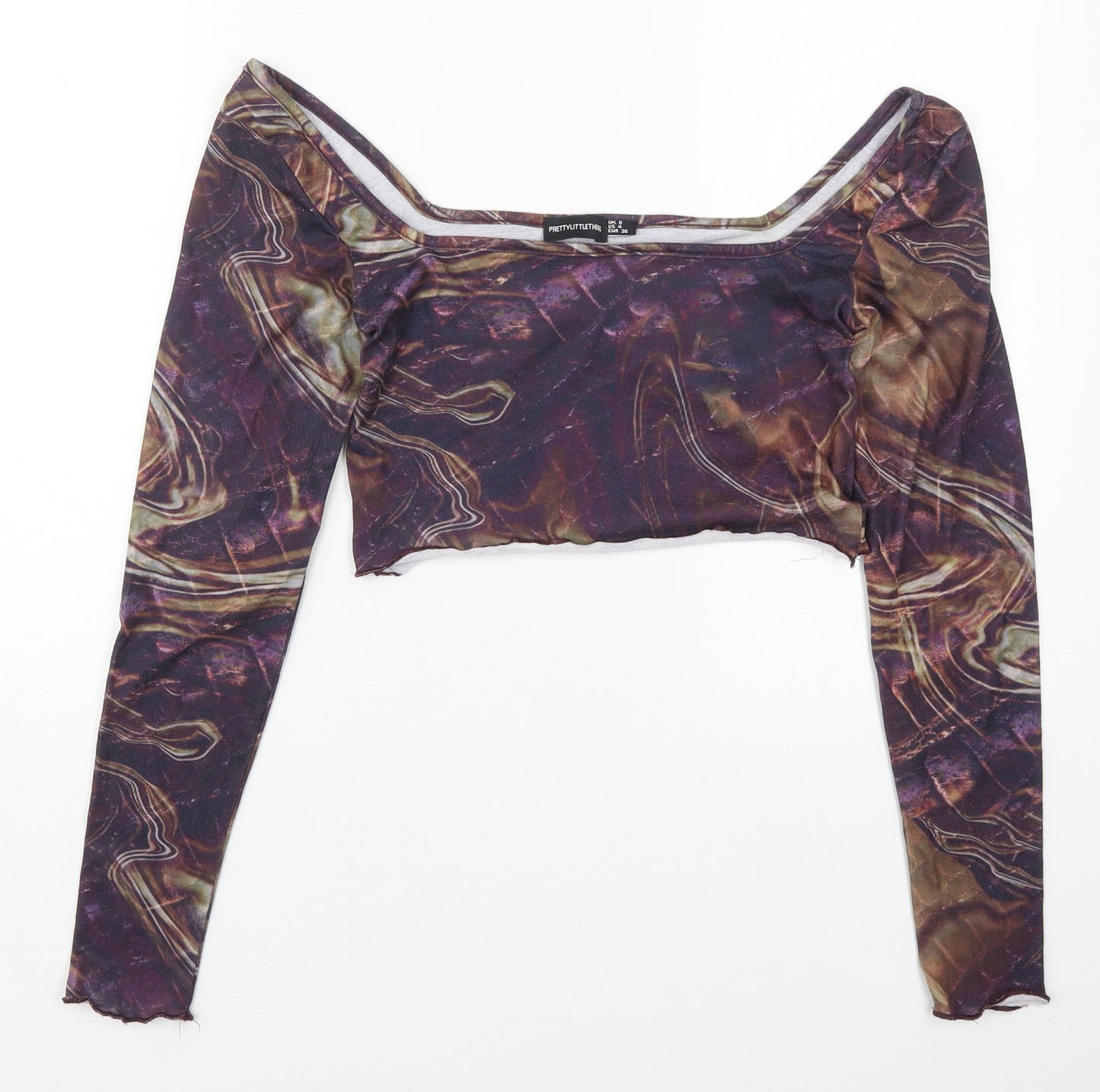 PRETTYLITTLETHING Womens Purple  Polyester Cropped T-Shirt Size 8 Square Neck - Marble Print