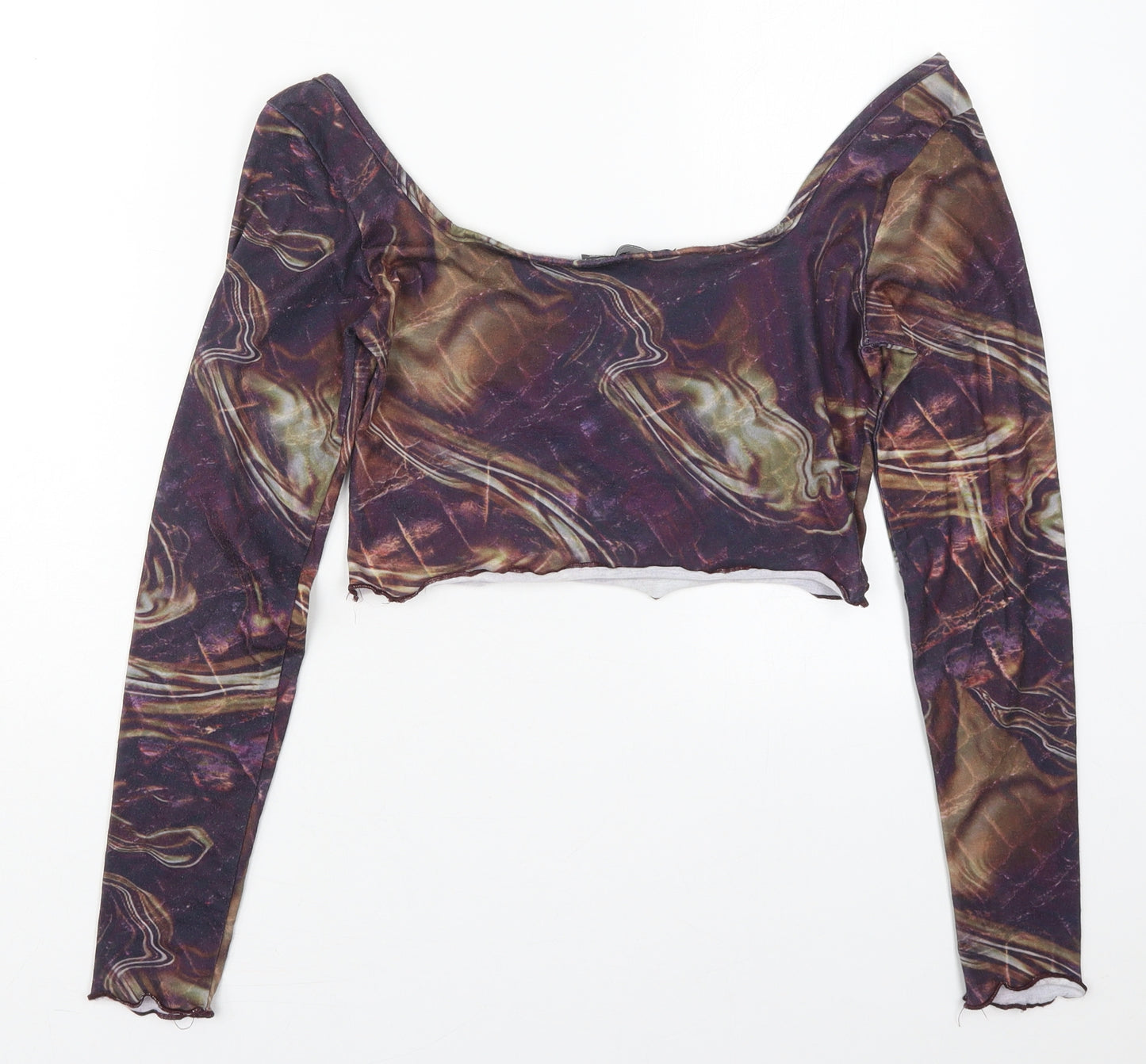 PRETTYLITTLETHING Womens Purple  Polyester Cropped T-Shirt Size 8 Square Neck - Marble Print
