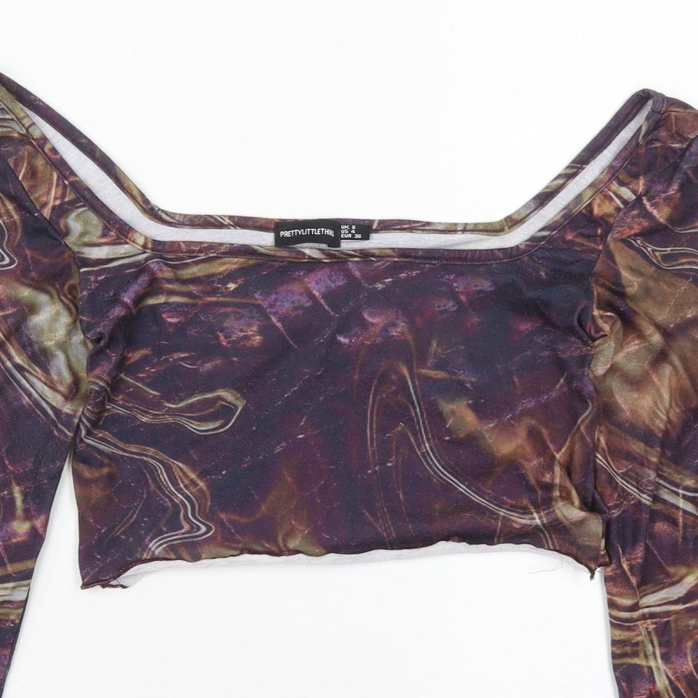 PRETTYLITTLETHING Womens Purple  Polyester Cropped T-Shirt Size 8 Square Neck - Marble Print