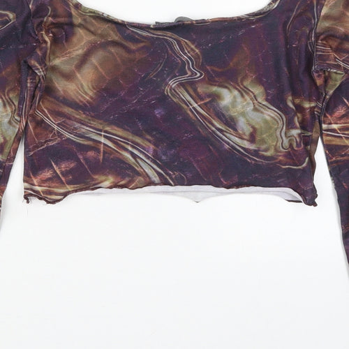 PRETTYLITTLETHING Womens Purple  Polyester Cropped T-Shirt Size 8 Square Neck - Marble Print